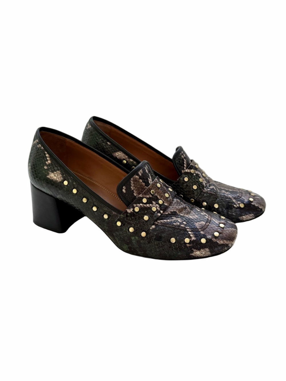 Tory Burch Tory Loafer Black Emerald Python Embossed Leather Gold Studded Size 9